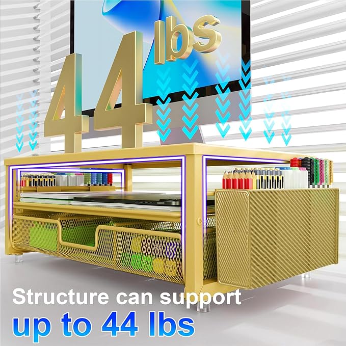 gianotter Desk Organizers and Accessories, Monitor Stand with Drawer and 2 Pen Holder, Desktop Organizer Suitable for Offices and Dormitories (Gold)