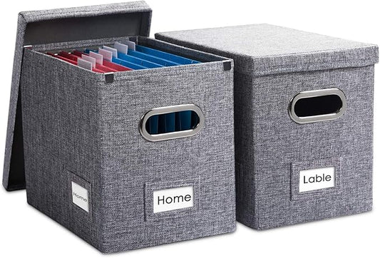 PRANDOM File Organizer Box - Set of 2 Collapsible Decorative Linen Filing Storage Hanging File Folders with Lids Office Cabinet Letter Size Grey (14x9.3x10.8 inch)
