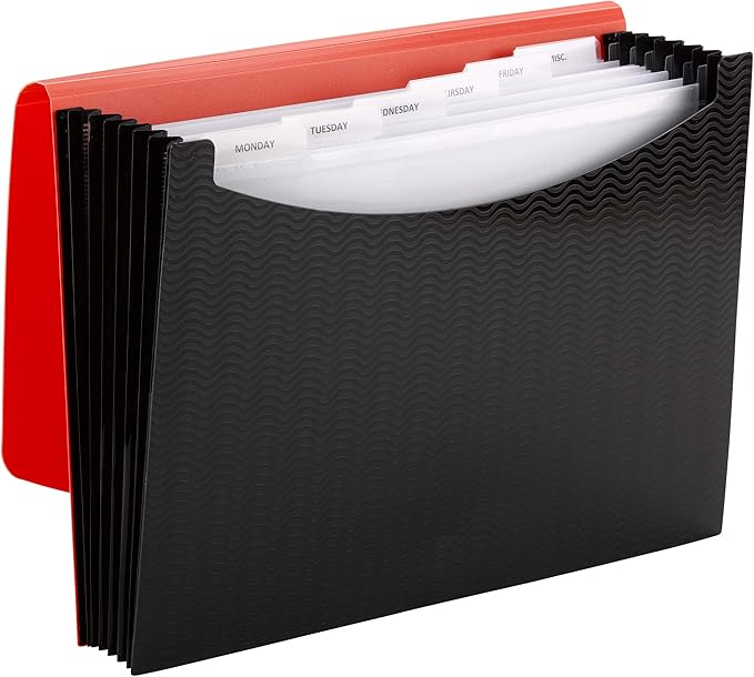 Smead Poly Expanding File, 6 Dividers, Flap and Cord Closure, Letter Size, Wave Pattern Red/Black (70884)