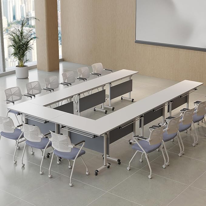 Folding Conference Table, Modern Large Conference Room Tables with Flip-Top Design, Foldable Conference Table Meeting Table with Wheels, Mobile Seminar Training Tables for Office Classroom (6, Gray)