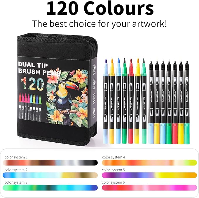 Double Brush Marker Pens, 120 Colors Art Markers Set with Fine Tip and Brush Tip for Kids Adult Coloring Book Hand Lettering Calligraphy Drawing Art Supplies Kit