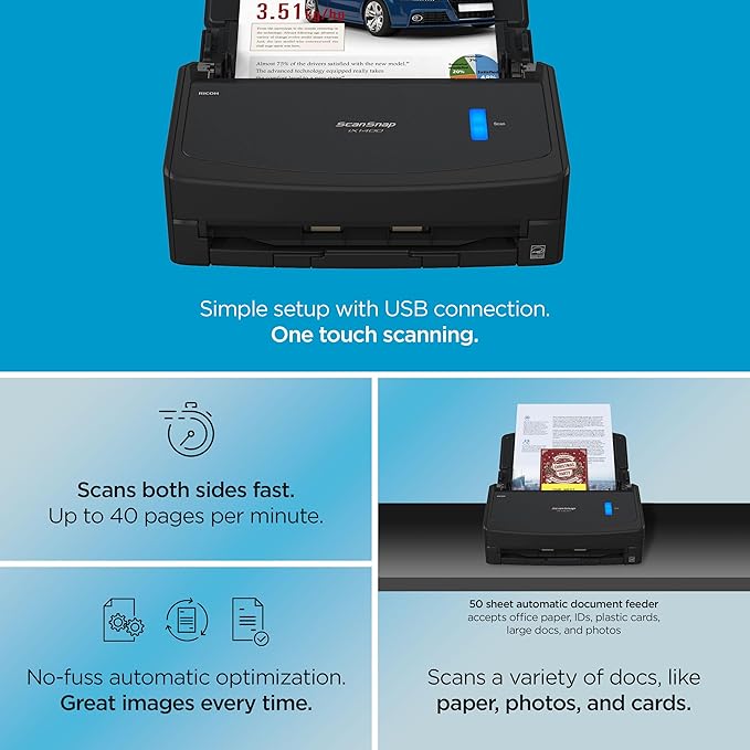 ScanSnap iX1400 High-Speed Simple One-Touch Button Color Document, Photo & Receipt Scanner with Auto Document Feeder for Mac or PC, Black