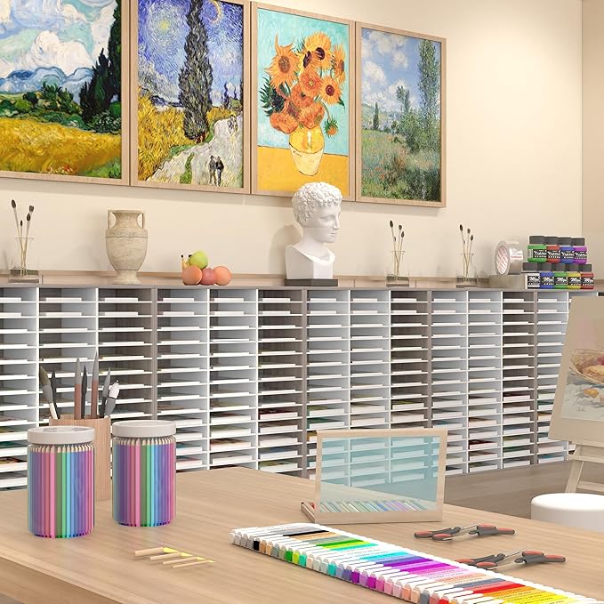 EasyPAG Mail Organizer Countertop, Wood Literature Organizer with Adjustable Shelves, Student Classroom Mailbox for School, Desktop Paper Sorter for Office Home, 48 Compartments, Retro Gray/White