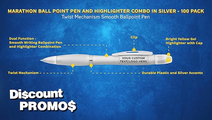 DISCOUNT PROMOS 100 Marathon Gel Highlighter Pens Pack - Customizable Text, Logo - Twist Mechanism, Ballpoint - Silver