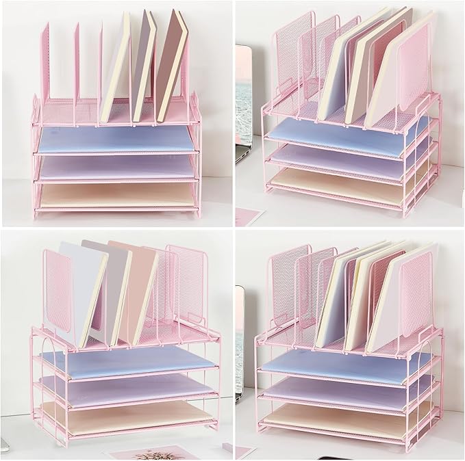 Paper Desk Organizer, 3-Tier Letter Tray with 5 Vertical File Holders, Multifunction Desktop Folder Organizers and Accessories for Home Office(Pink), LK-3CB