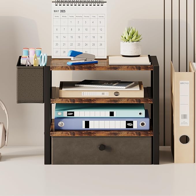 Desk Organizers and Accessories, 4-Tier Paper Letter Tray File Organizer with Fabric Drawer & 3 Pen Holder, Office Desk Accessories Workspace Desktop Organizer for Office Supplies, Rustic Brown