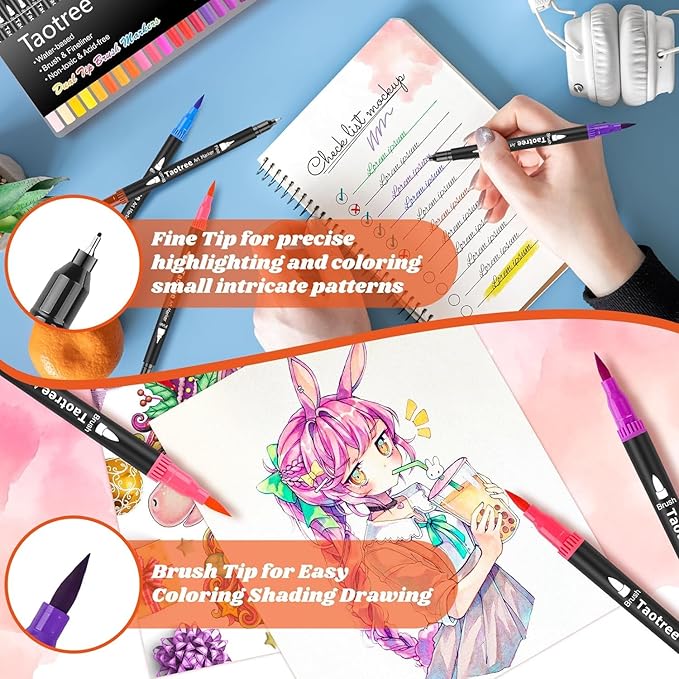 Taotree 150 Colors Dual Tip Art Markers Pens for Kids Adult Coloring Book, Artist Fine & Brush Tip Coloring Markers Drawing Pen for Journaling Note Taking Lettering Calligraphy Craft Art Supplies Set