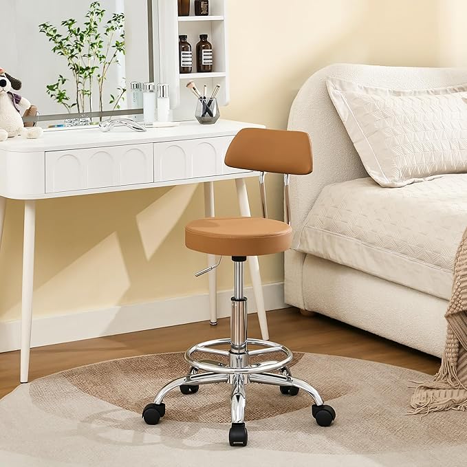 Rolling Stool with Back, Adjustable Tattoo Rolling Chair 19.5’’-26.6’’, Camel Brown Hairstylist Stool with Wheels (Camel Brown)