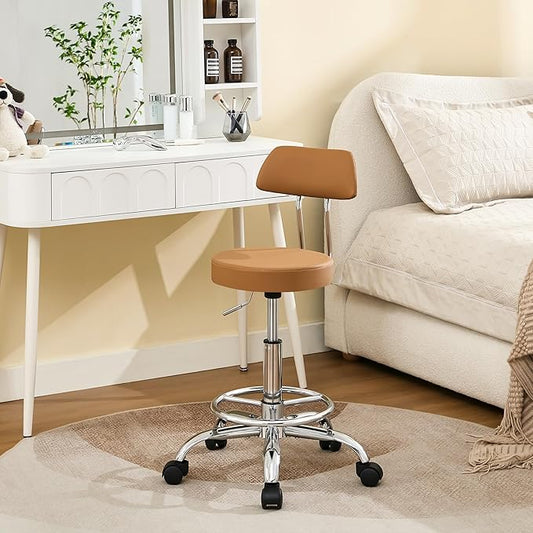 Rolling Stool with Back, Adjustable Tattoo Rolling Chair 19.5’’-26.6’’, Camel Brown Hairstylist Stool with Wheels (Camel Brown)