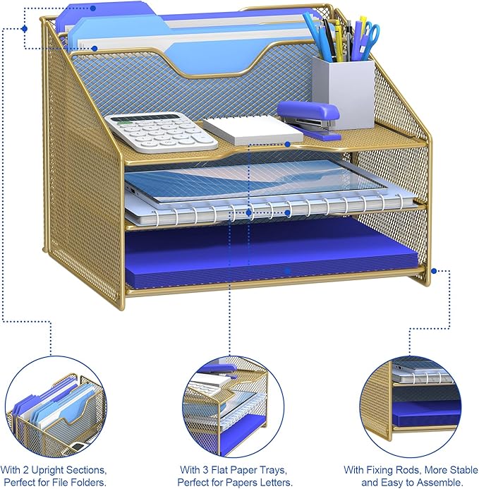 Samstar Gold Desk File Organizer, Mesh Letter File Folder Holder with 3 Paper Trays and 2 Vertical Upright Section, Gold