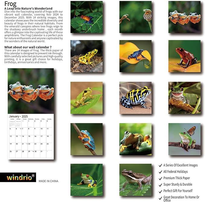 2025 Wall Calendar,Calendar 2025, January 2025 - December 2025, Wall Calendar Frog, 12" x 24" Opened,Full Page Months Thick & Sturdy Paper for Calendar Organizing & Planning