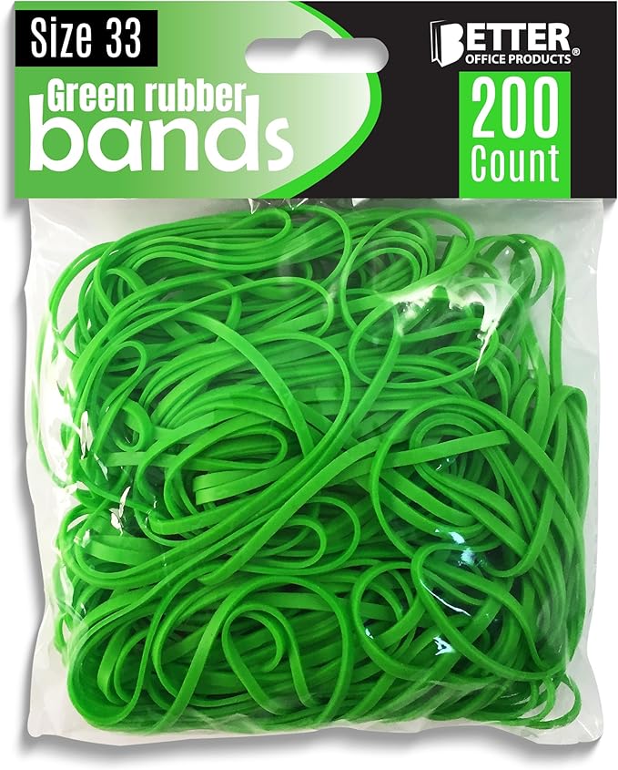 Better Office Products 200 Bright Green Rubber Bands, Size 33, 200/Bag