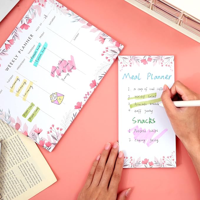 Weekly Planner Notepad Tear Off Set of 2 Weekly Calendar Pad 52 Undated To Do List Notepad Desk Planning Pads Productivity Tracker for Work School Home Goals Notes Schedule Ideas, Floral Pink
