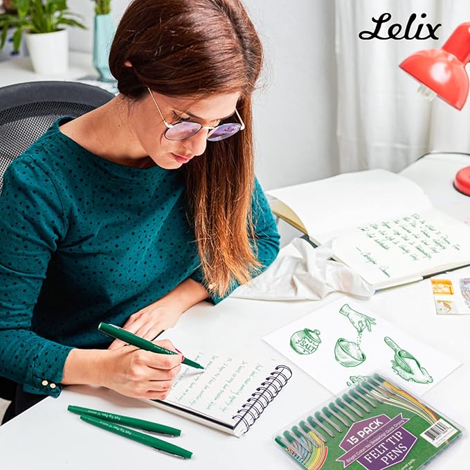 Lelix Felt Tip Pens, 30 Green Pack, 0.7mm Medium Point, Felt Tip Markers Pens for Journaling, Writing, Note Taking, Planner, Perfect for School Office and Art Supplies