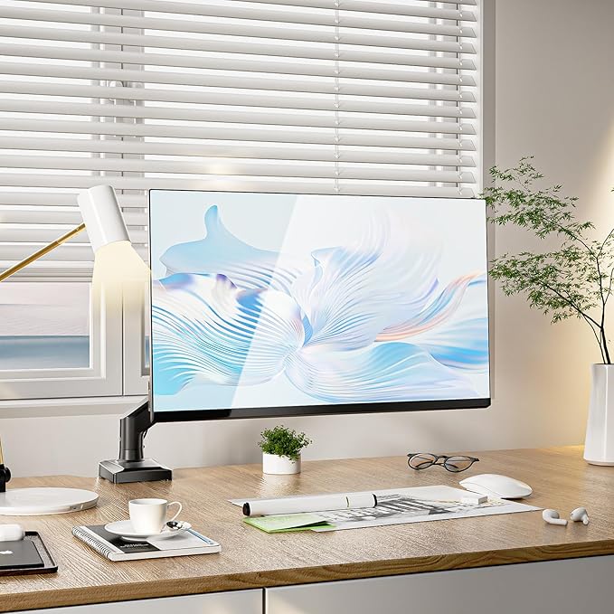 WALI Single Monitor Mount, Gas Spring Monitor Arm for 17-34 inch Screens, Adjustable Computer Monitors Stand up to 26.4lbs, with Clamp and Grommet Base, Mounting Holes 75 and 100mm (GSMP001N), Black