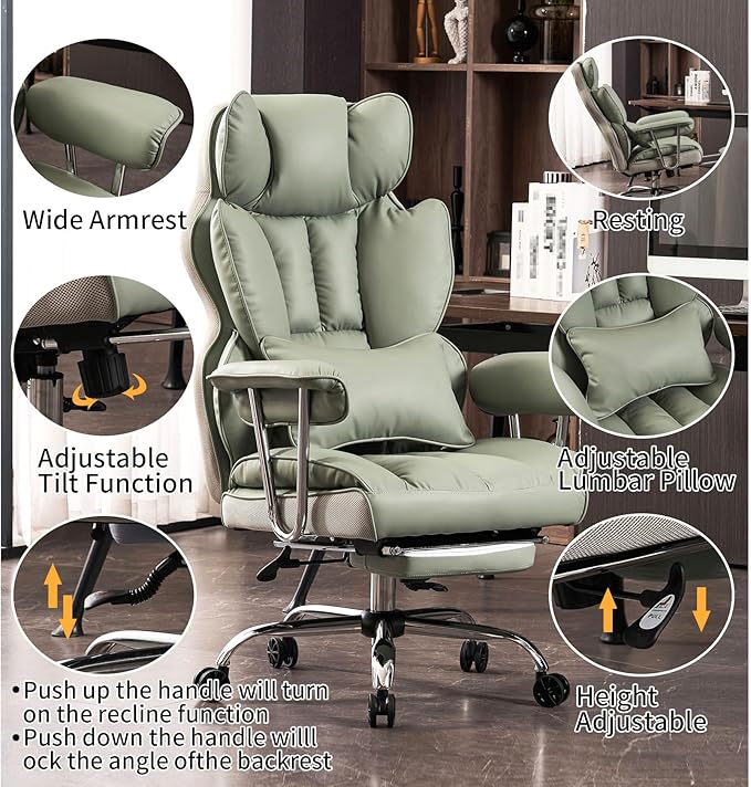 Efomao Big and Tall Office Chair 400lbs - Executive Office Chairs with Footrest, Heavy-Duty PU Leather Computer Chair for Heavy People, Light Green Home Office Desk Chairs
