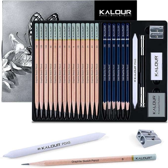 KALOUR 25-Piece Professional Sketch Pencil Set with Matte and Regular Pencils - Includes Vinyl Eraser, Kneaded Eraser, Sharpener, Pencil Extender and Blending Stump - Ideal for Artists and Beginners
