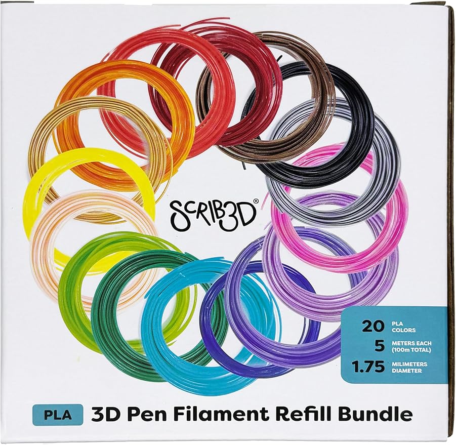 SCRIB3D P1 3D Printing Pen with 3 Starter Colors and PLA Refill Pack with 20 Assorted Colors