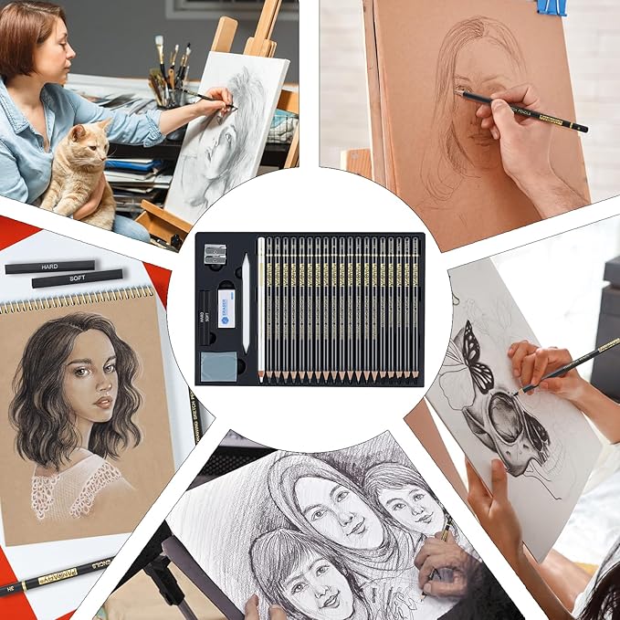 PANDAFLY 26-Piece Professional Sketch Pencil Set - Includes 4H to 14B Graphite Pencils, Charcoal Pencils, Charcoal Sticks, Vinyl Eraser, Kneaded Eraser, Sharpener, Blending Stump