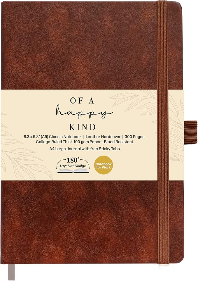 Lined Leather Bound Journal Notebook, A5 Hardcover - Brown 5.8x8.3" - Thick 300 Pages College Ruled Paper Journals for Men and Women - Personal and Professional Note Book for Writing & Journaling