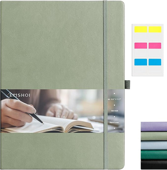EMSHOI Lined Journal College Ruled Notebook – 8.5"x11" Hardcover Leather Journal for Women Men Office Work, 192 Pages 100 GSM Thick Paper, A4 Writing Notebook with Sticky Notes, Green