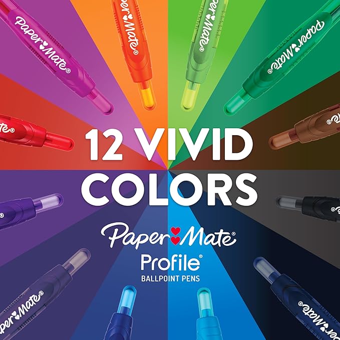 Paper Mate Profile Retractable Ballpoint Pens, Assorted Colors, Bold | 1.4mm Point | Soft Grip | Vivid Ink | 144 Count