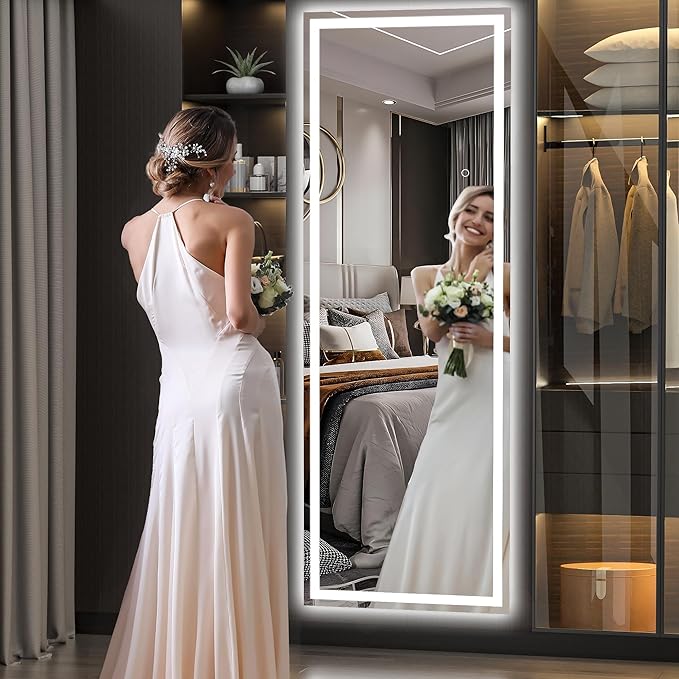 Hasipu Full Length Mirror with Lights, 65" x 20" LED Floor Mirror, Full Body Dressing Standing, Hanging Mounted Mirror for Living Room Bedroom Cloakroom, Square Black