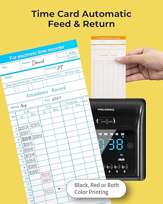 Volcora Time Clock for Employees with 150 Time Cards, 1 Ink Ribbon, 1 Rack, Punch Time Clocks Machine for Small Business with Backup Battery, Punch Clock No Key and Network Need, for Office, Retail