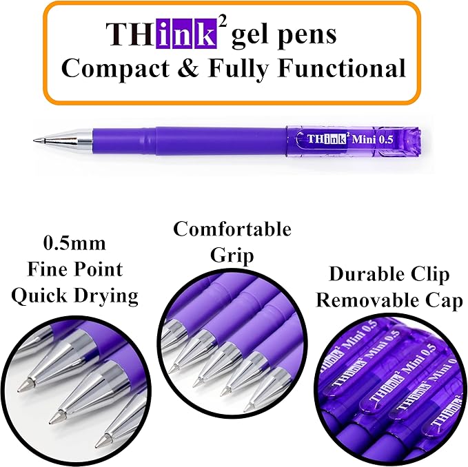 THINK2MASTER [24 Pens - Purple Ink Think2 0.5mm Pocketable Mini Gel Pens. (24 Purple) Fine Point Small Rollerball Pens with Smooth Quick Drying Ink.