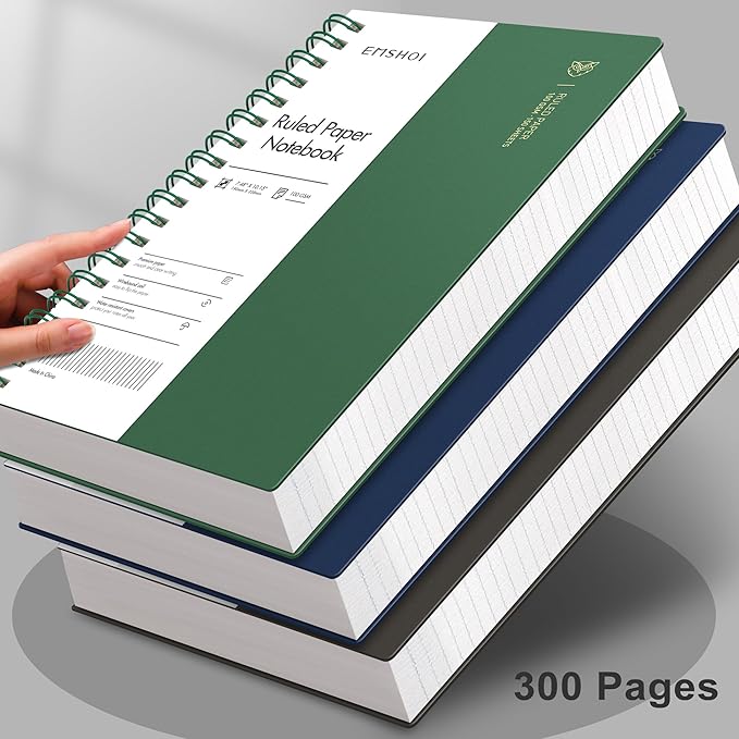 EMSHOI B5 Spiral Notebook College Ruled Lined Journal, Large 7.48" X 10.15", 300 Pages/150 Sheets, 100gsm Thick Paper, Waterproof Hardcover, for Office School Women Men Work Writing Notes, Green
