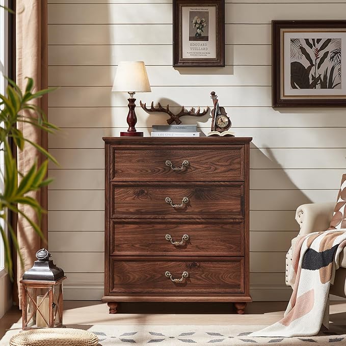 Farmhouse 4 Drawer Dresser Set of 2 for Bedroom, 37" Tall Rustic Chests of Drawers w/ 4 Solid Wood Feet, Mid Century Vintage Wooden Closet Storage Dressers Organizer for Living Room, Brown