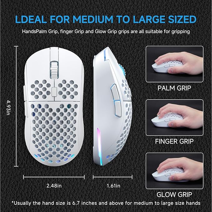 TMKB Falcon M1 Wireless Gaming Mouse, 24000DPI Optical Sensor, 180Hrs Battery, Lightweight, 6 Programmable Buttons, RGB Strip, 2.4G/BT5.2/USB-C Wired for PC/Mac/Laptop - Matte White