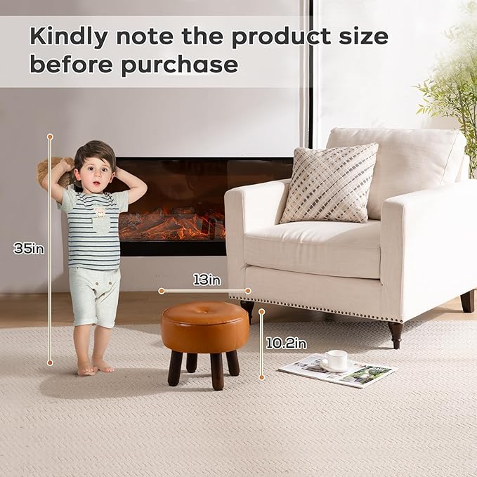 Small Foot Stool Ottoman, Round Pouf Foot Rest, Footstool Ottomans with Rubber Legs Under Desk, Faux Leather Footrest for Couch, Living Room, Bedroom, Hallway, Office, 13''L x 13''W x 10.2''H