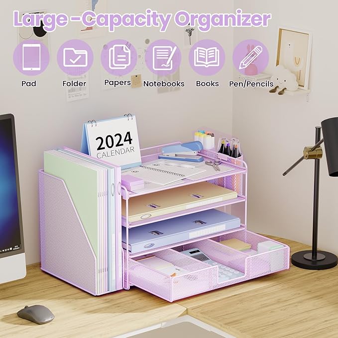 Desk Organizer and Accessories, 4-Tier Desktop File Organizer with Drawer and 2 Pen Holders, Office Desk Accessories for Office Supplies(Purple)