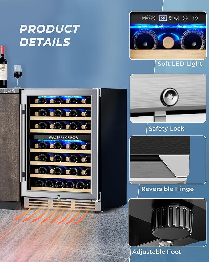 EUHOMY 24 Inch Wine Cooler Refrigerator 54 Bottl-Dual Zone, Built-in or Freestanding Wine Fridge with Glass Door, Wine Refrigerator for Home Bar Kitchen