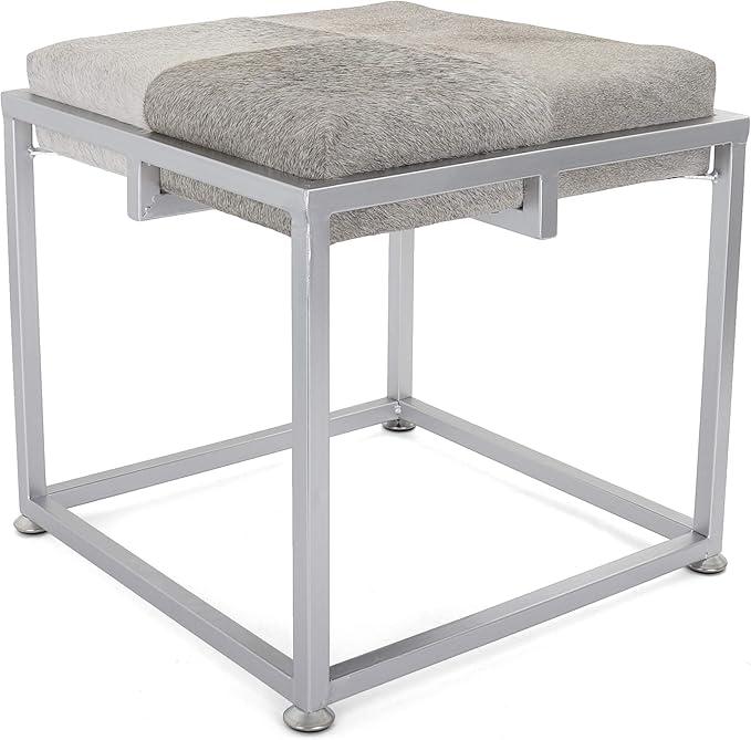 Rutledge & King Cowhide Ottoman/Vanity Stool - Square Ottoman Stool - White Ottoman/Grey Ottoman Foot Rest - Cowhide Grey & White Stool - Gold Stool - Cow Ottoman - Cow Fur Stool (Silver)
