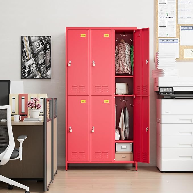 6 Doors Metal Locker with Business Card Holder and 18 Hooks,Metal Locker for Employees with Ventilation Holes for School Garage Office Gym Home,Assembly Required,Red