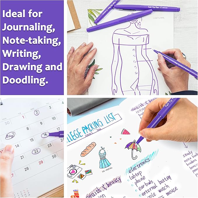 Lelix Felt Tip Pens, 15 Purple Pack, 0.7mm Medium Point, Felt Tip Markers Pens for Journaling, Writing, Note Taking, Planner, Perfect for School Office and Art Supplies