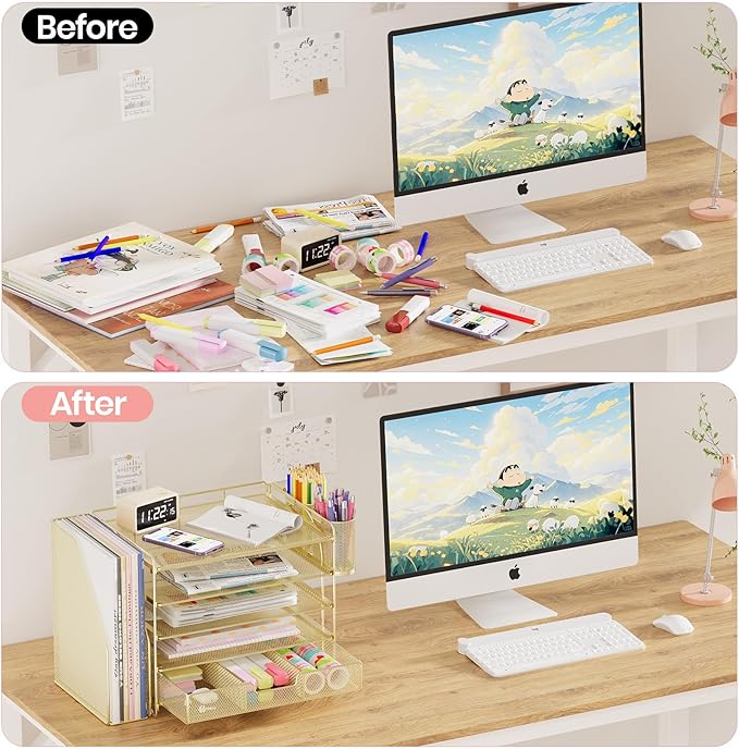 Desk Organizers and Accessories, 5-Tier Paper File Organizer with Drawer & Pen Holder, Office Desk Accessories Workspace Desktop Organizer for Office Supplies(Gold)