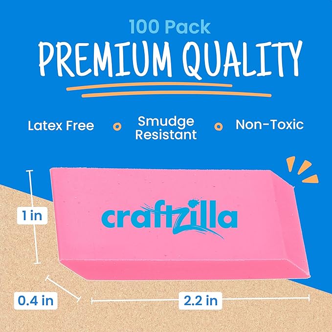 Pink Erasers Bulk 100 Pack - Large Latex- Free Bulk Erasers for Kids, Classroom, and School Supplies - Ideal for Pencils and Drawing - Teacher Supplies - Borradores Escolares