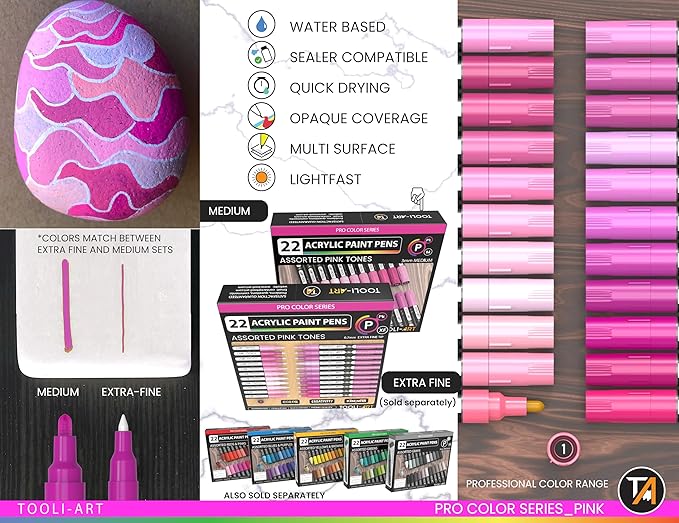 TOOLI-ART 22 Acrylic Paint Markers Paint Pens Pro Color Series Set 3mm Medium Tip for Rock Painting, Glass, Mugs, Wood, Metal, Glass Paint, Canvas, DIY. Non Toxic, Waterbased, Quick Drying (PINK)