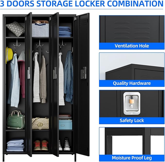 3 Doors Metal Lockers for Employees with Lock, Metal Locker with 9 Hooks for School Garage Office Gym Home,Assembly Required,Black