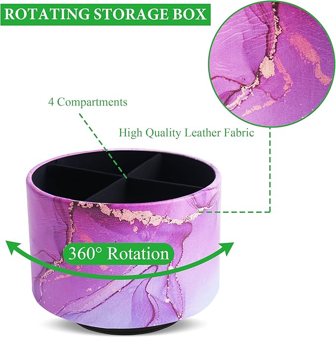 Round Leather Art Supply Organizer,Remote Control Holder,360-degree Rotating Pen Organizer with 4 Compartments(1-Purple Blue Splash Ink)