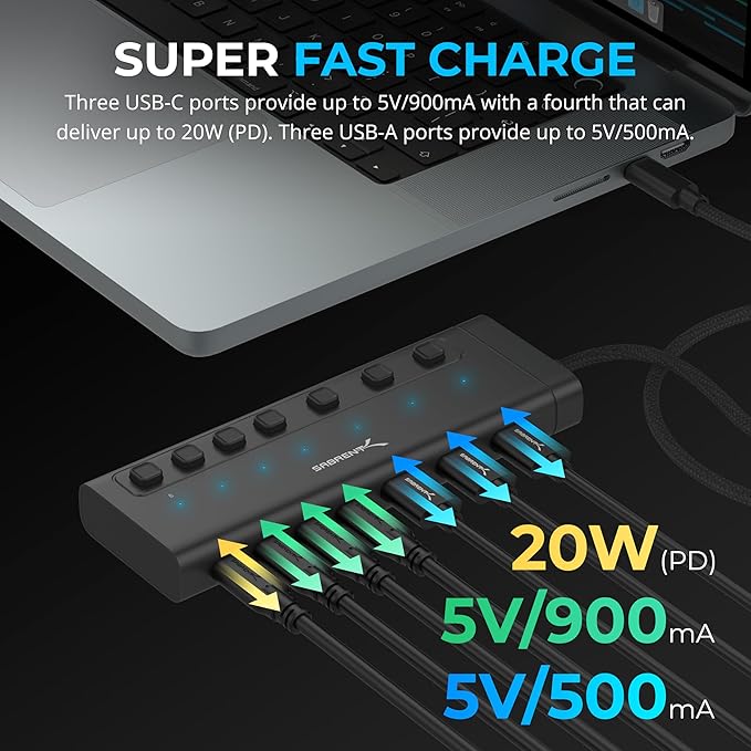 SABRENT 7-Port USB-C Hub with Power Switches, 5Gbps USB 3.2, 48W Powered Hub with 3 USB-A + 4 USB-C Ports, 20W PD, LED Status, Aluminum Body – for Mac, PC, Steam Deck, ROG Ally (HB-3A4C)