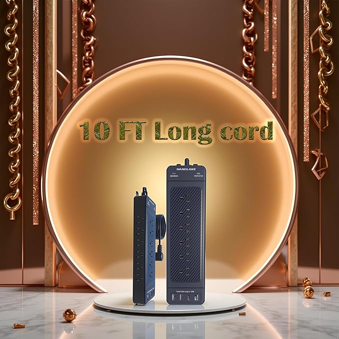 Surge Protector Power Strip Heavy Duty 10 ft Cord High Joules Protection (4800J)/18AC outlets/USBs (2A+2C PD20W)/1875W/15A,Flat Plug,Commercial,Industrial,Office,Home,College,Black,Insurance Coverage