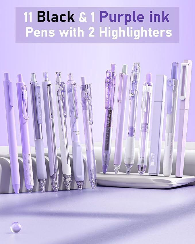 Four Candies 14Pack Pastel Gel Ink Pen Set,Cute Retractable 0.5mm Fine Point Pen,11 Pack Black Ink and 1 Pc Purple Ink Pens with 2Pcs Highlighter for School, Office, Mothers Day Gifts(Purple)