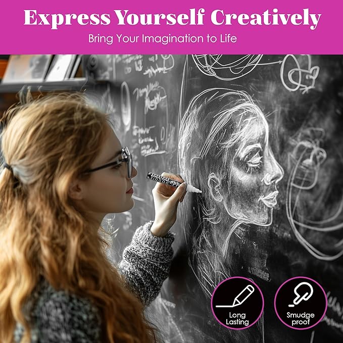 Loddie Doddie Liquid Chalk Markers - Pack of 4, 6mm White Chalk Markers for Chalkboard, Window, Glass & Bistro, Bullet & Chisel Tip - Erasable Ink Pens for Blackboard - Chalkboard Pens Erasable