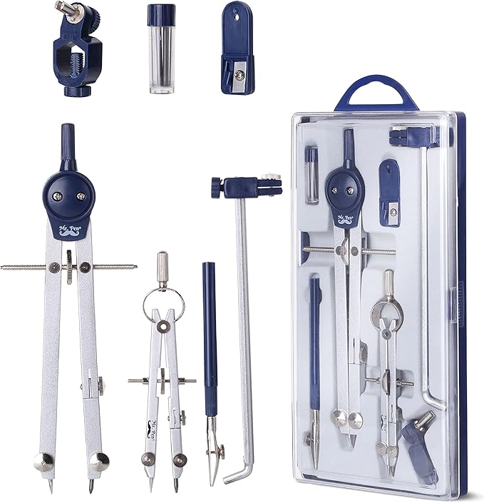 Mr. Pen- Professional Geometry Set Metal Compass, 7 pcs, Geometry Precision Tool Set with Shatterproof Storage Box, Drafting Tools & Drafting Kits, Back to School Supplies