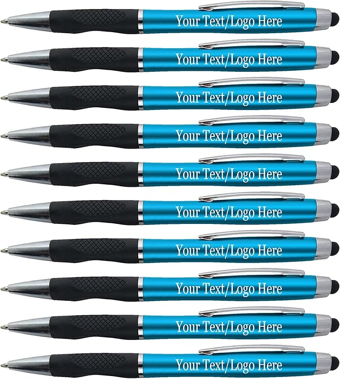 Personalized Pens With your Custom Logo or Text-300 Pack Bulk-for Businesses, Parties, and Events, 2 in 1 Ballpoint Pen + Capacitive Stylus for Touchscreen Devices, L'Blue Barrel, Blue Ink