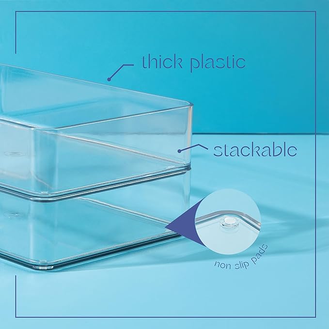 Plastic Clear Drawer Organizers. Bathroom, Kitchen, Bedroom, Nail Polish, Office Organizer Bins, Storage Trays. Heavy Duty, Stackable. 6" x 3" x 2" Set of 6